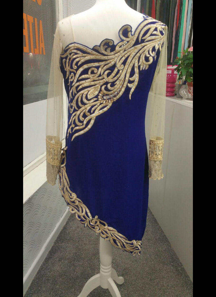 Royal blue velvet dress with intricate gold embroidery